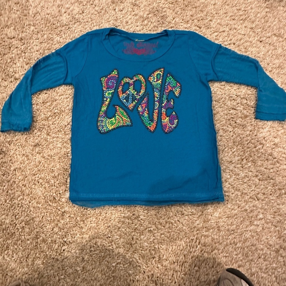 *Vintage* Denny’s! Vibrant Blue Kids Long Sleeve Tee with Studded Love Design